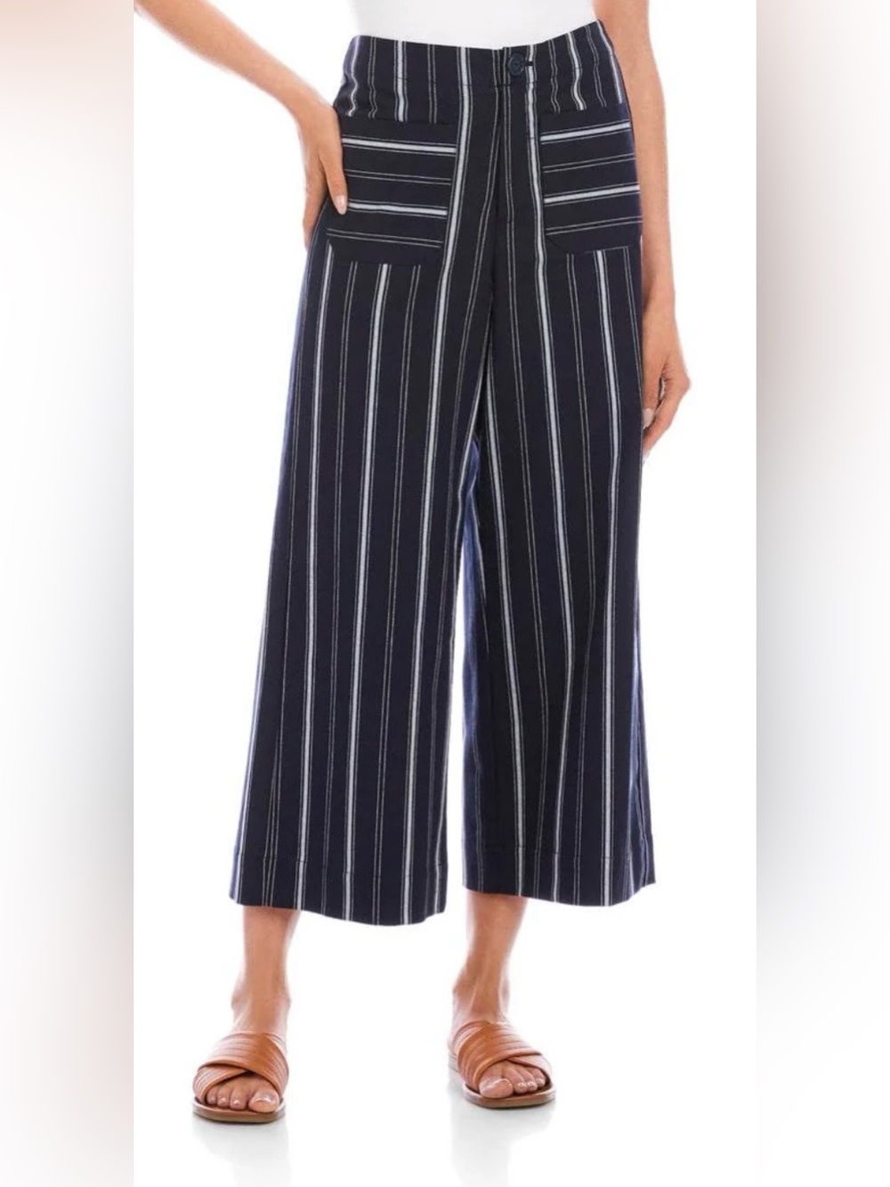 Karen Kane wide leg cropped pants with patch pockets Navy/blue stripe.Size8. NWT